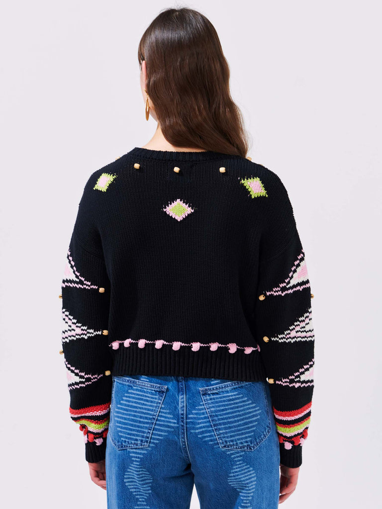 Hayley Menzies Beaded Cotton Intarsia Jacquard Boxy Crop Jumper With The Tribe Black Bach&Co