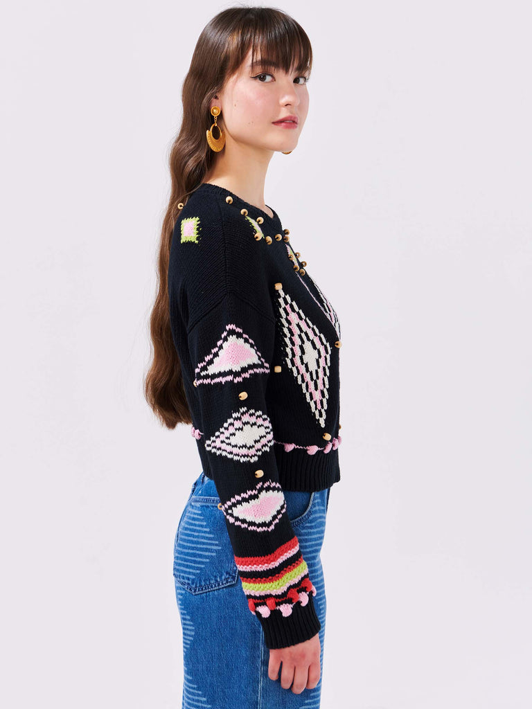 Hayley Menzies Beaded Cotton Intarsia Jacquard Boxy Crop Jumper With The Tribe Black Bach&Co