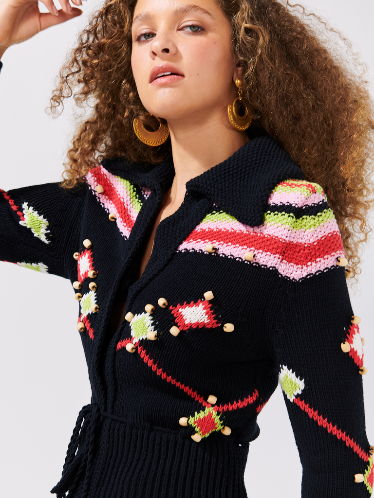Hayley Menzies Beaded Cotton Intarsia Jacquard Collared Cardigan With The Tribe Black Bach&Co
