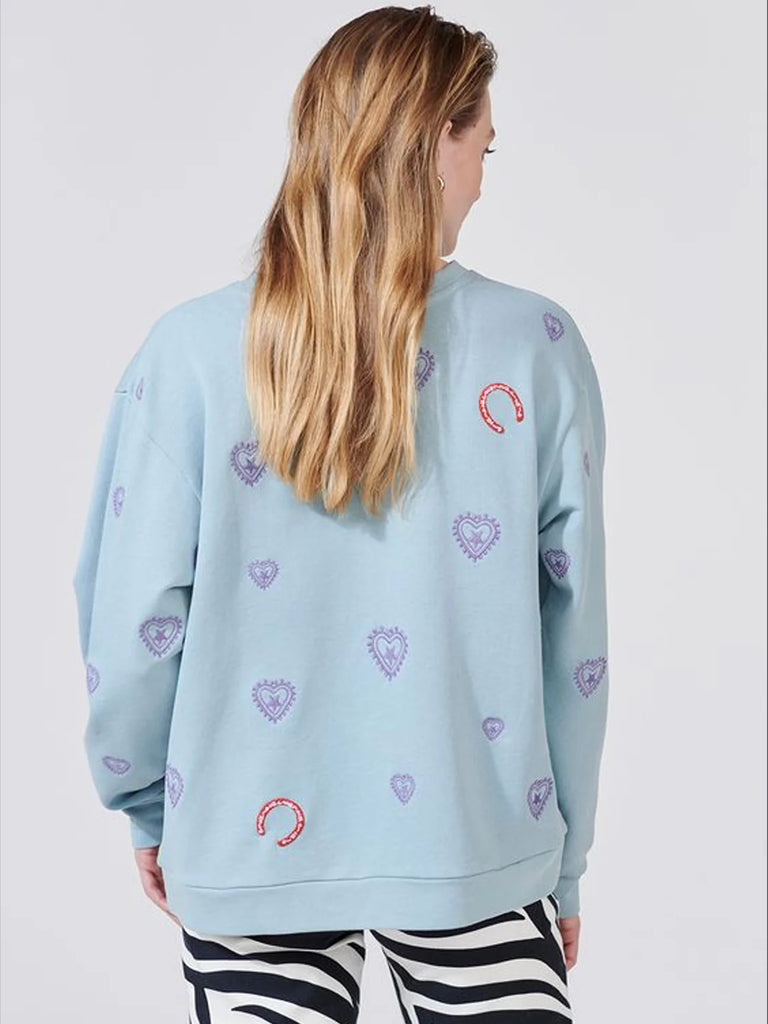 Hayley Menzies Sundance Embroidered Cotton Sweatshirt Acid Washed Turquoise Bach&Co
