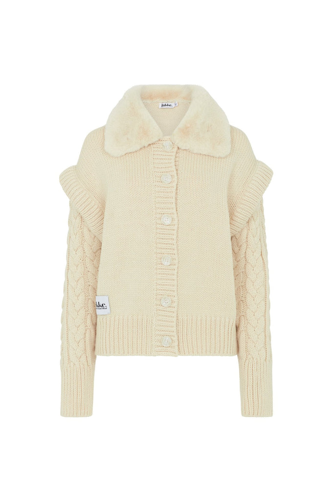 Jakke Carrie Knitted Cardigan With Fur Collar Cream Bach&Co