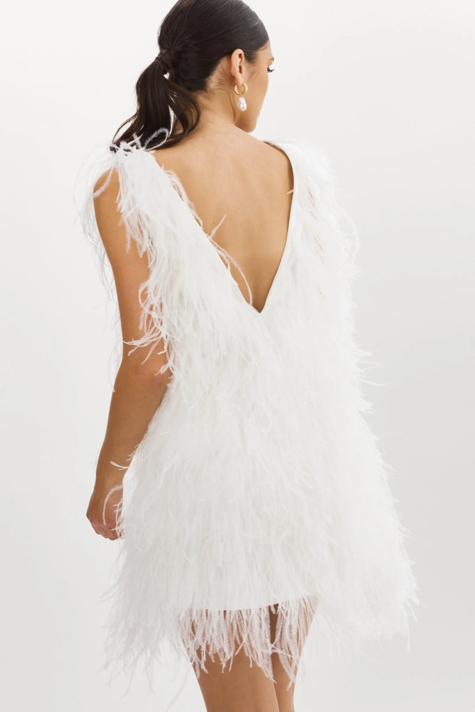LaMarque Alena Feather Vneck Dress White Bach&Co