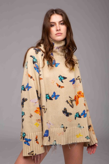 Printed Artworks Crop 100% Cashmere Oversize Printed Sweater For Woman Knitted Cream Butterflies Printed Bach&Co