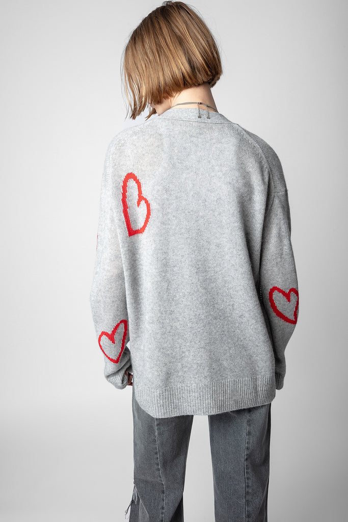 Zadig & Voltaire Mirka With Hearts Intarsia Jacquard Stitching Cardigan Gris Chine Bach&Co