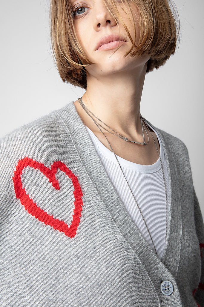 Zadig & Voltaire Mirka With Hearts Intarsia Jacquard Stitching Cardigan Gris Chine Bach&Co